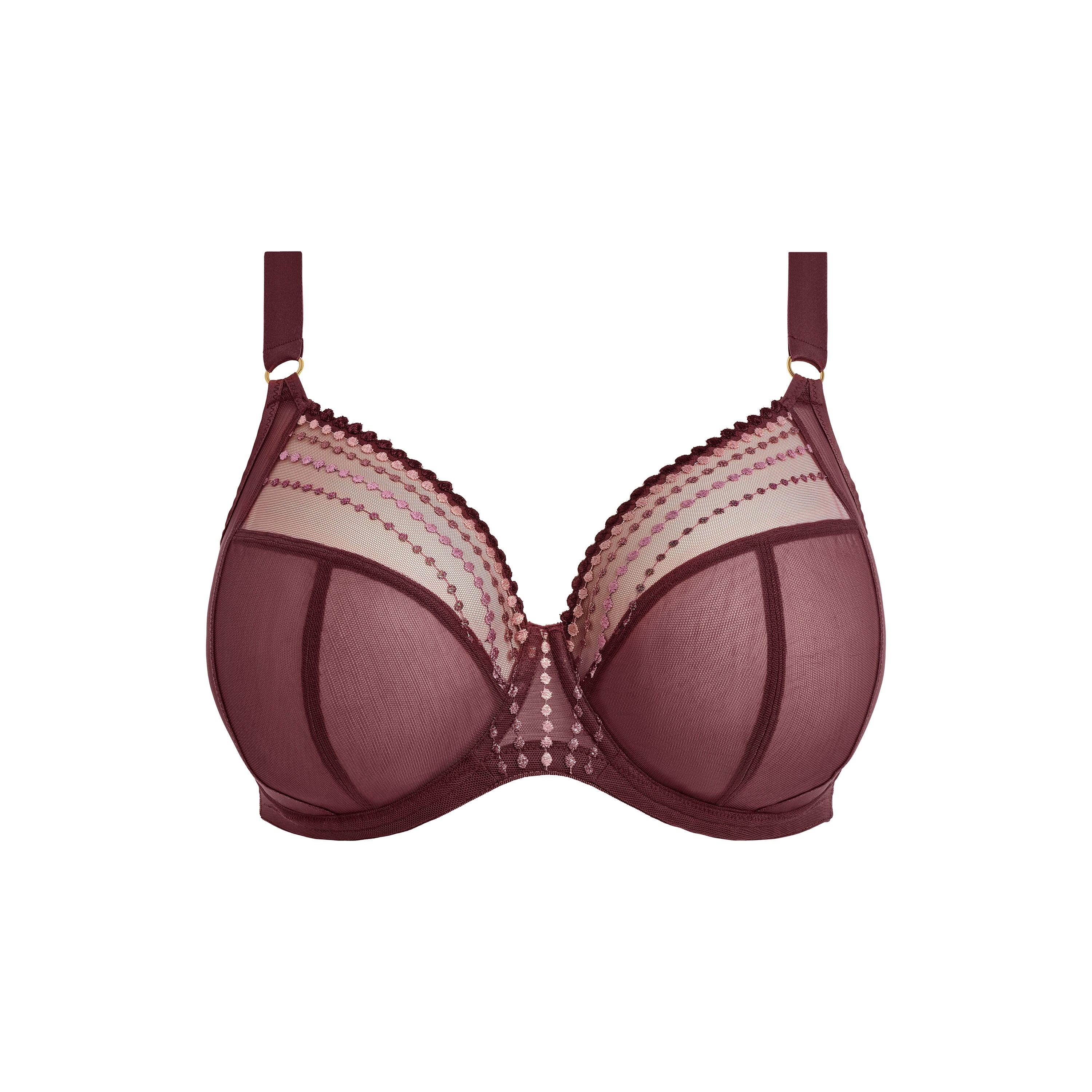 Brown bra with beige mesh panels on a white background