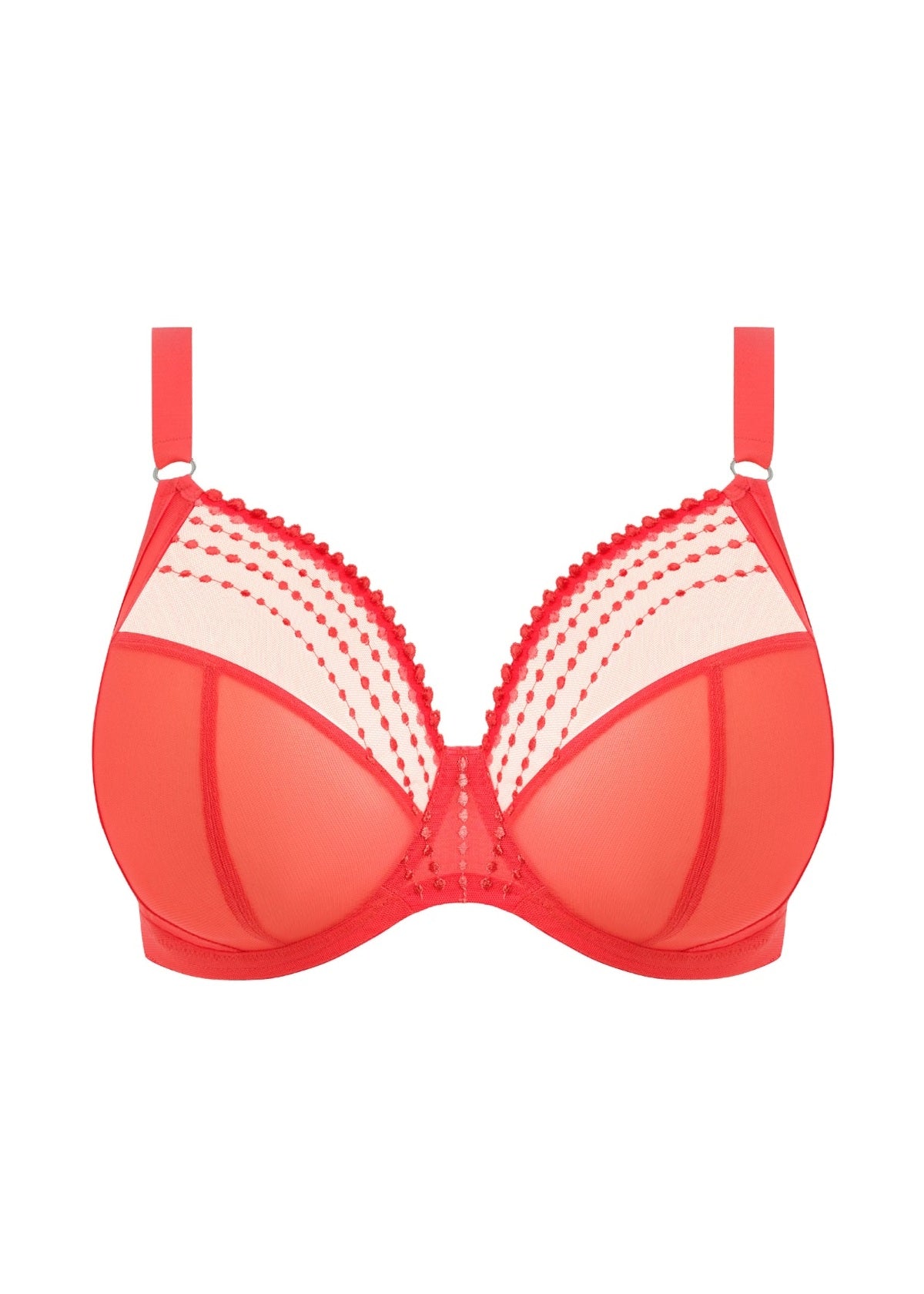 Red bra with white lace details on a white background