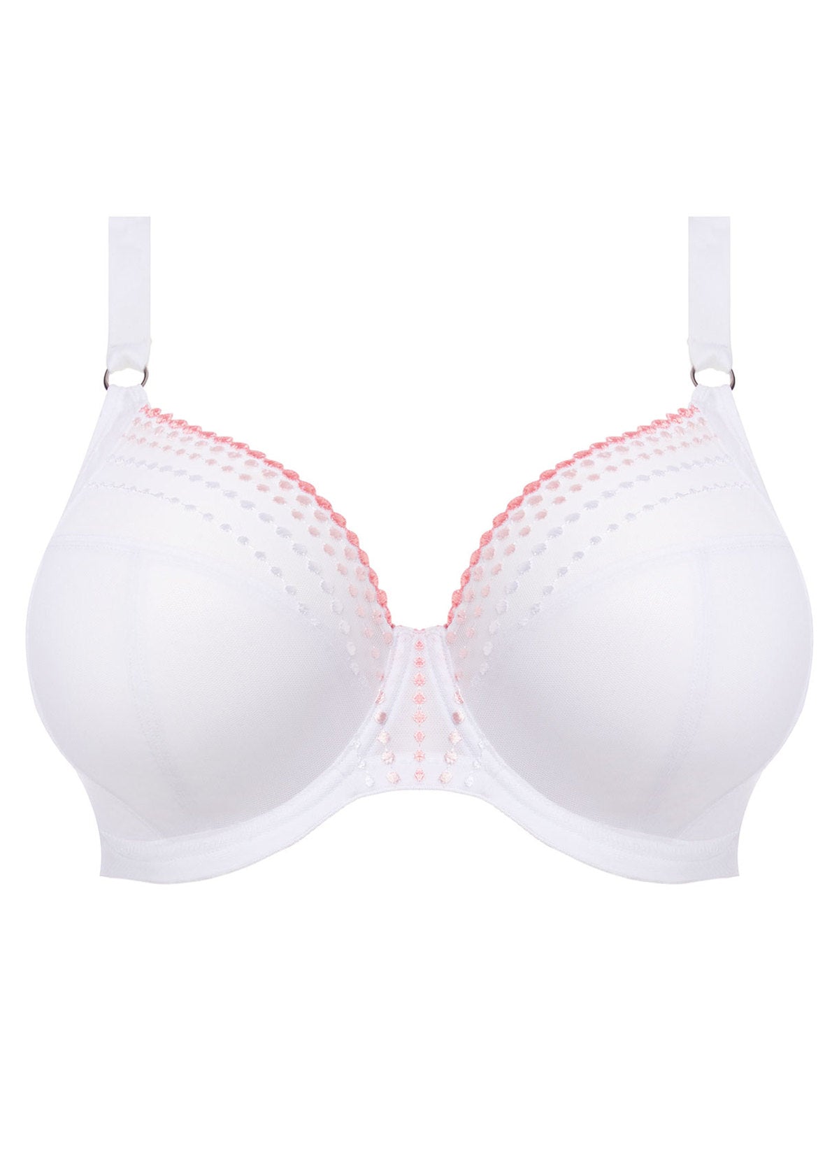 White bra with pink stitching on a white background