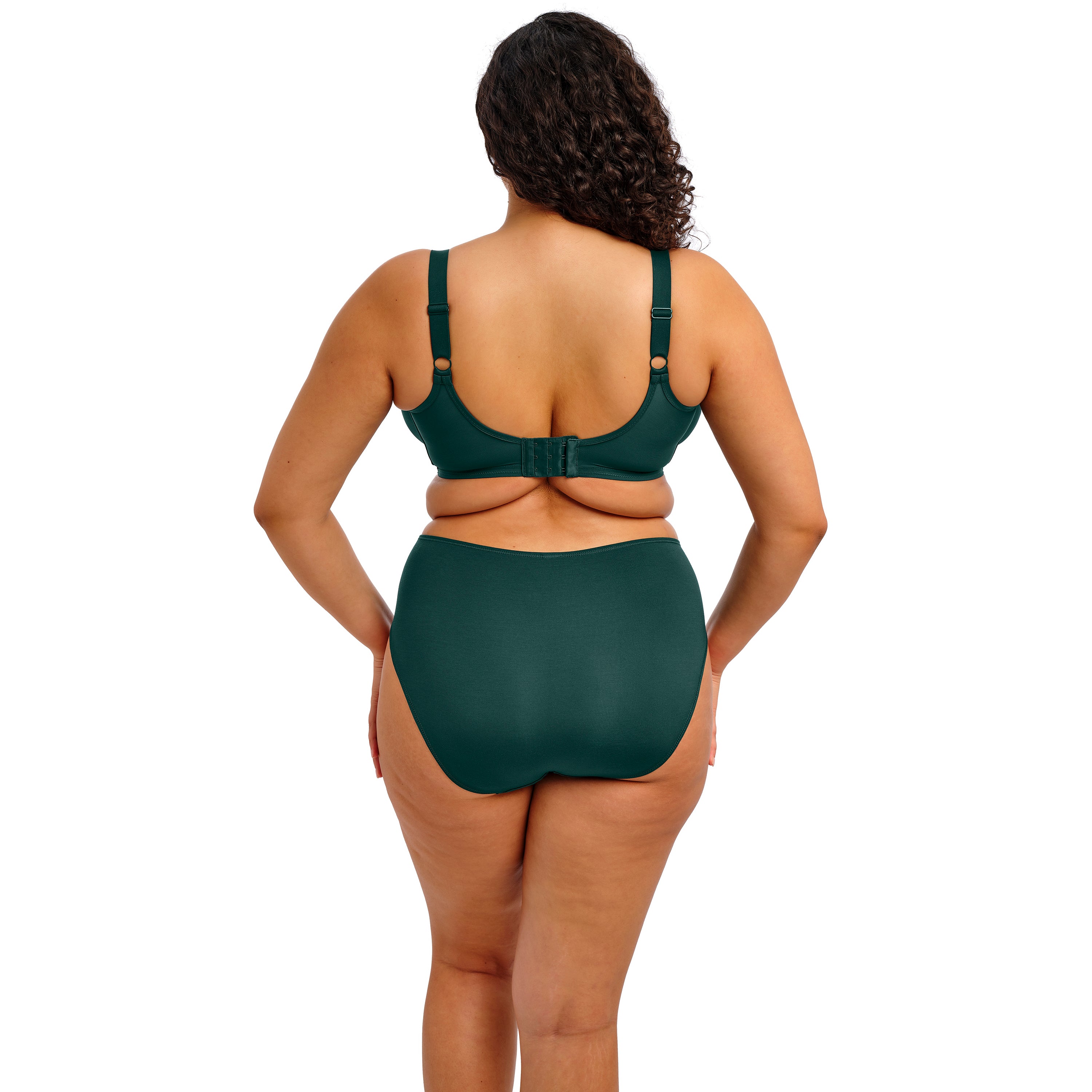 Green swimsuit worn by a model on a white background