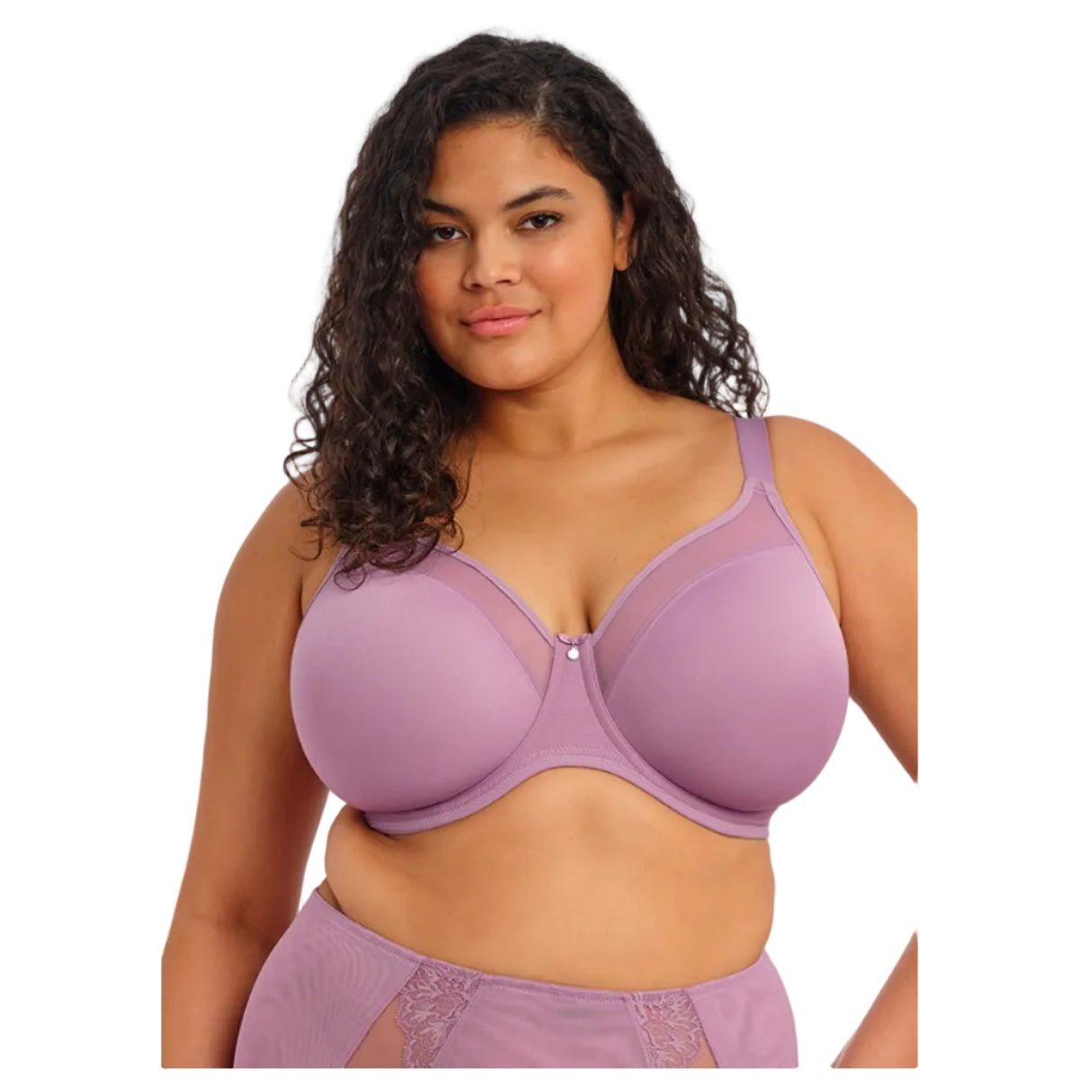Elomi Smooth Seamless Bra in Heather Purple shown on a model against a white background.