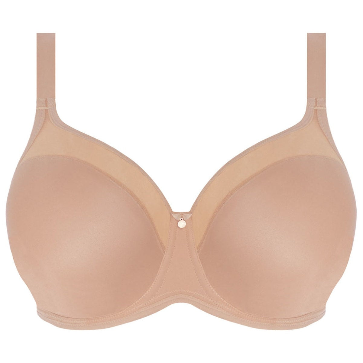 A beige, non-padded, full coverage bra with adjustable straps, made from a smooth, light fabric.