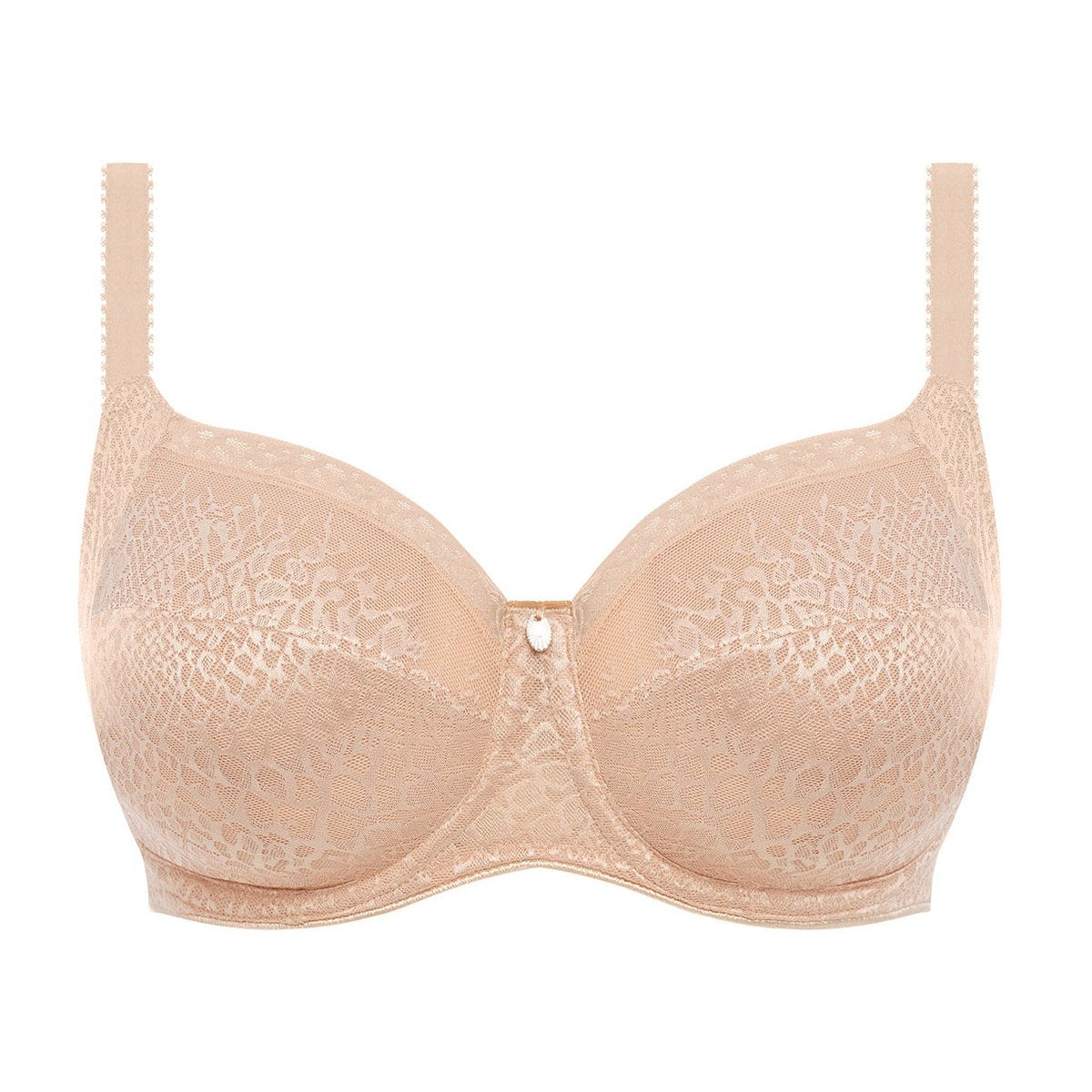 A beige full cup side support bra with lace detailing and adjustable straps.
