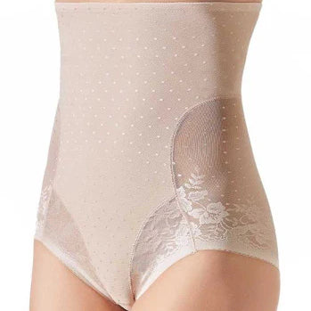 A high-waisted beige Silueta Forte Secrets brief with a floral lace detail on the front.