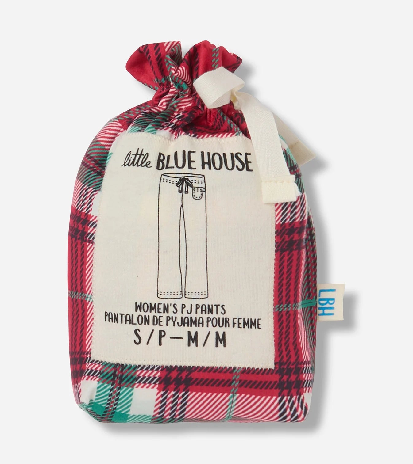 Plaid drawstring bag with 'little BLUE HOUSE' label on a white background