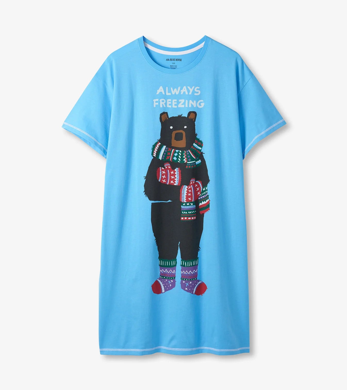 Blue nightshirt with bear graphic and 'Always Freezing' text on a white background