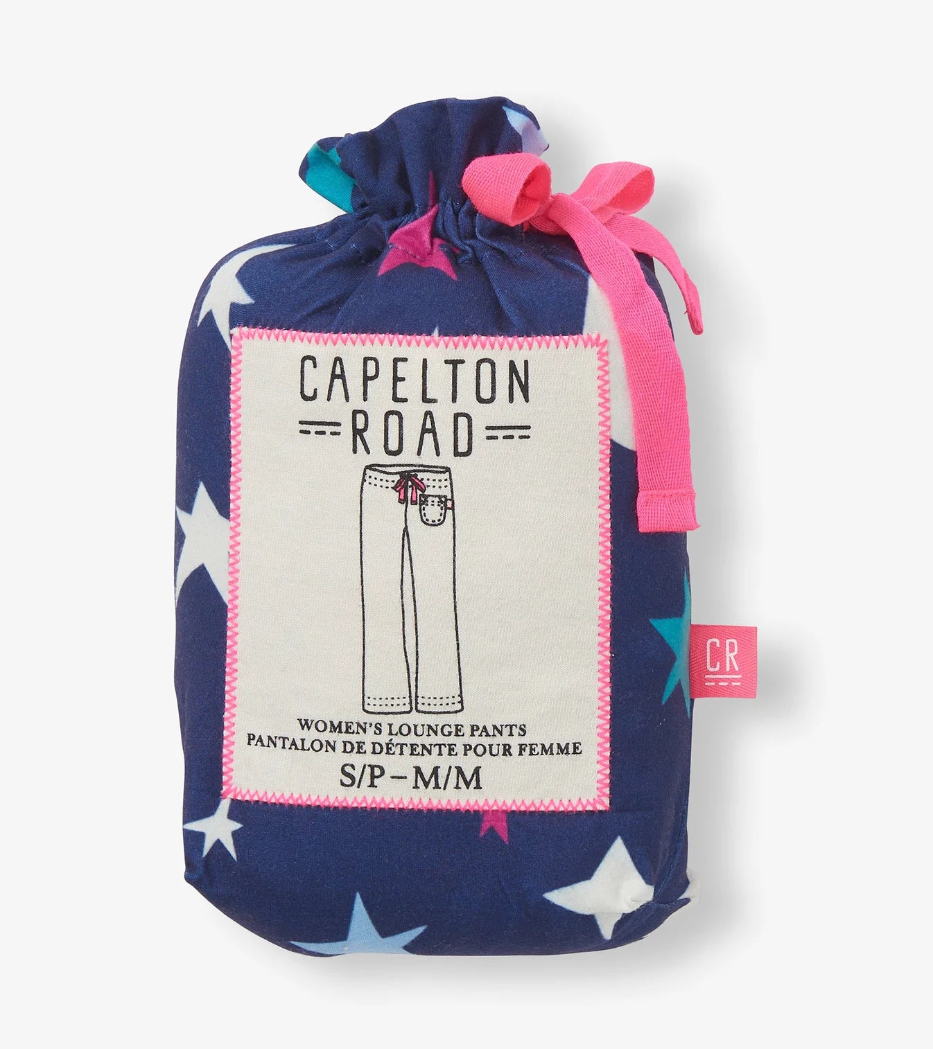 Packaged women's lounge pants with 'Capelton Road' branding on a white background