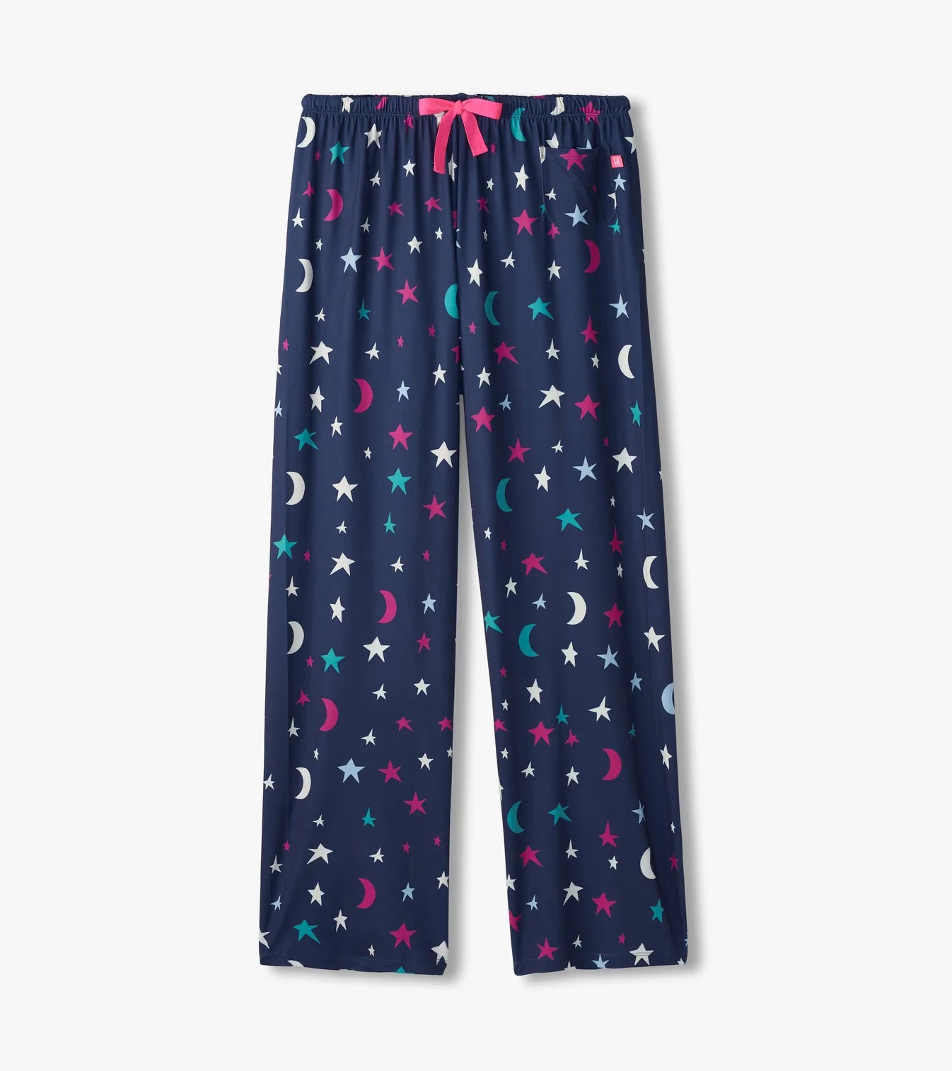 Navy blue pajama pants with star and moon pattern on a white background