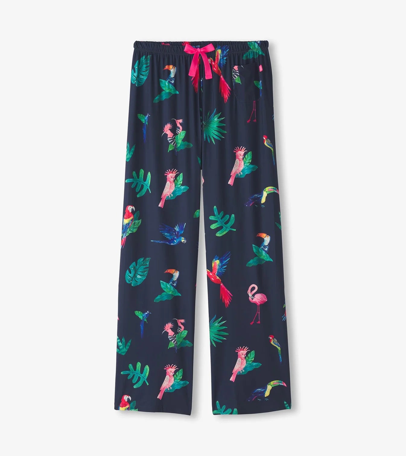Navy blue pajama pants with colorful parrot and leaf pattern on a white background