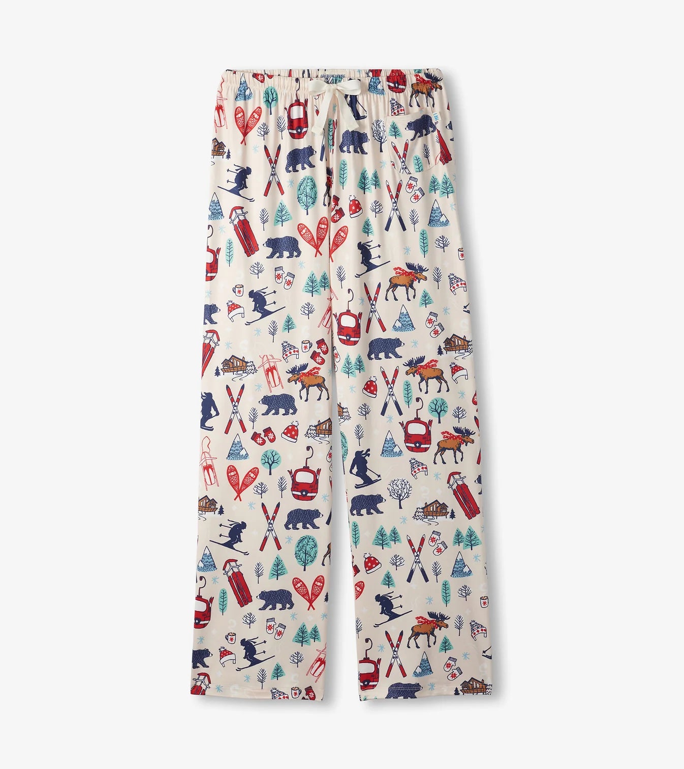 Pajama pants with a winter-themed pattern on a white background