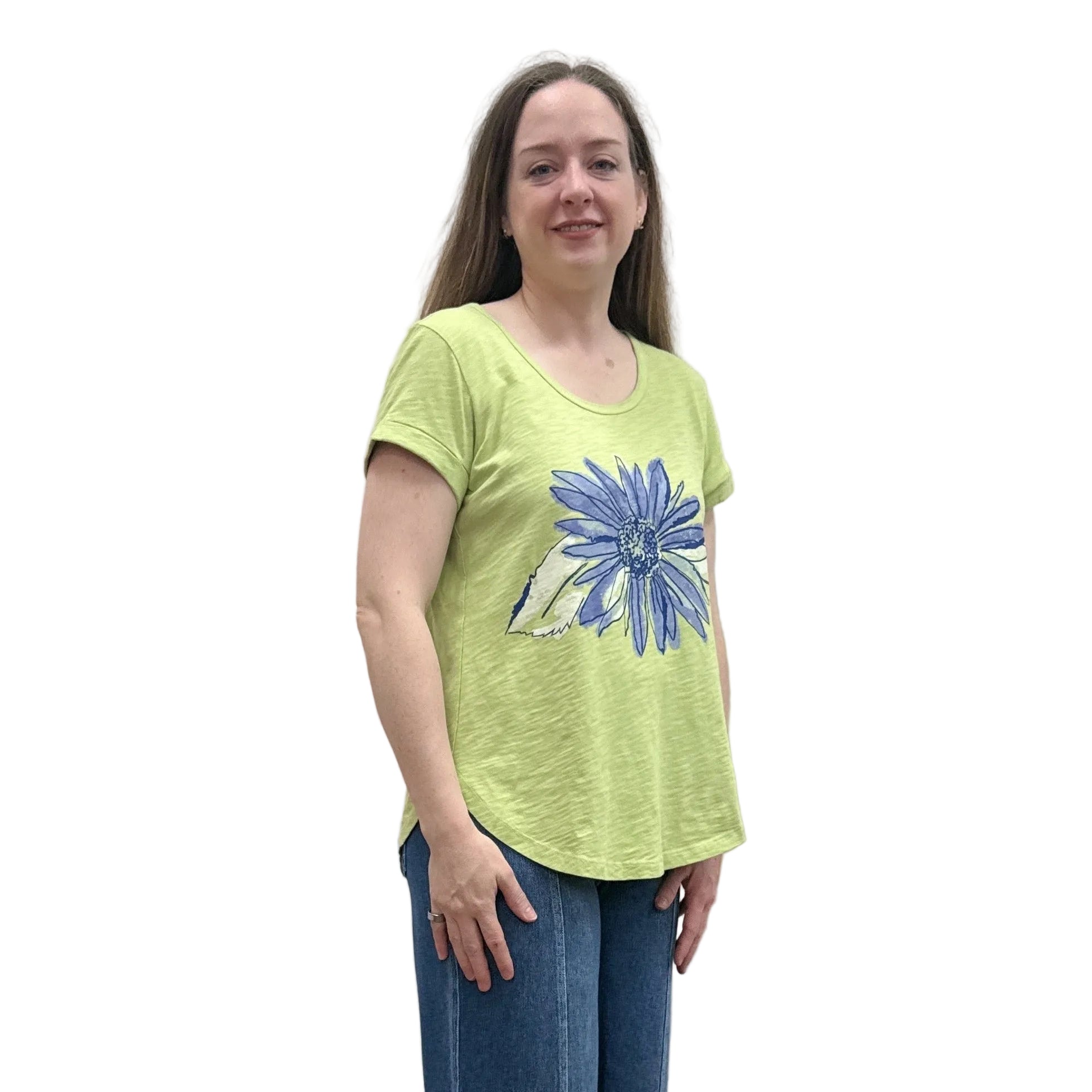 Person wearing a green Papa Cuffed Sleeve shirt and blue pants on white background.