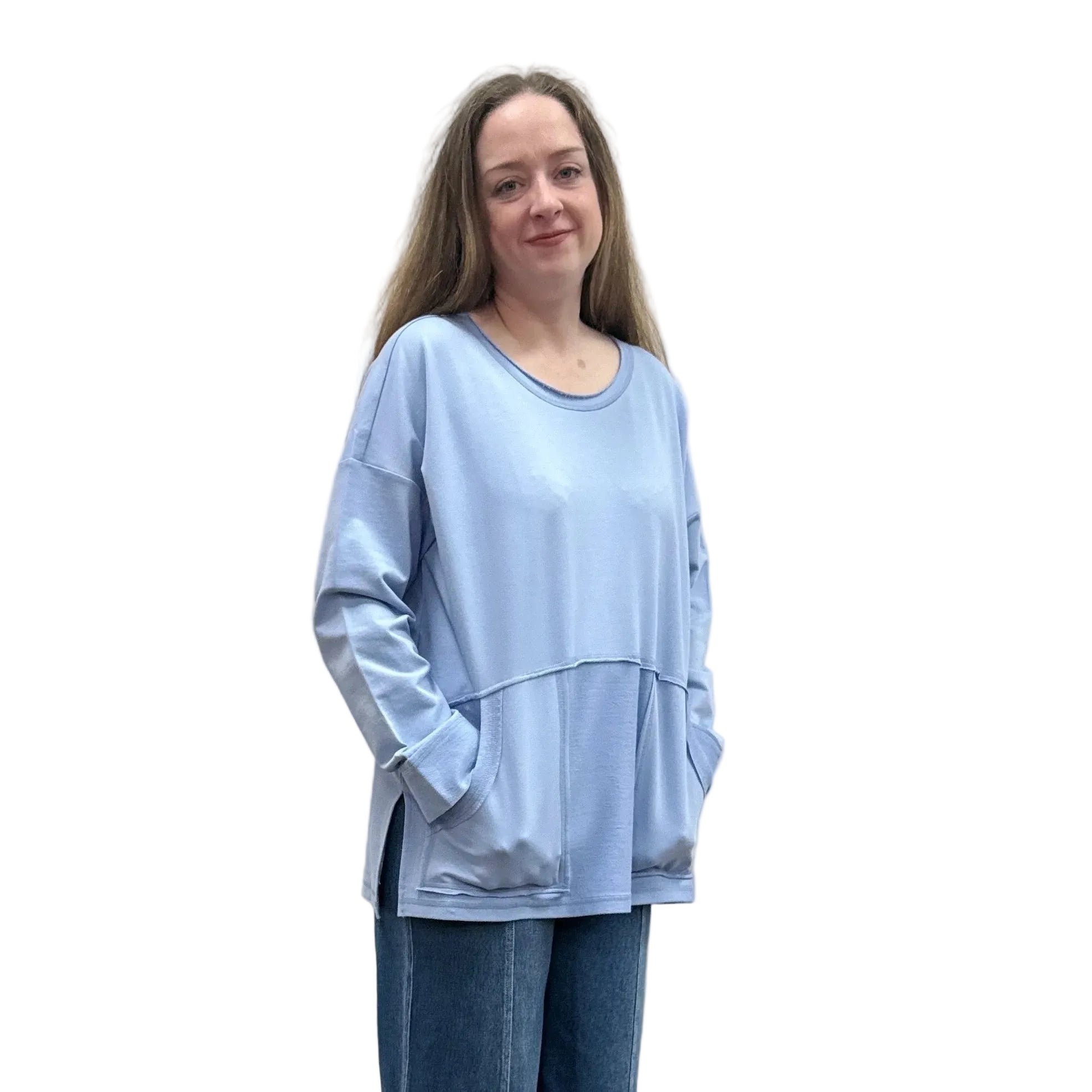 Person wearing a blue Papa Weekend Pullover sweater and jeans on white background.