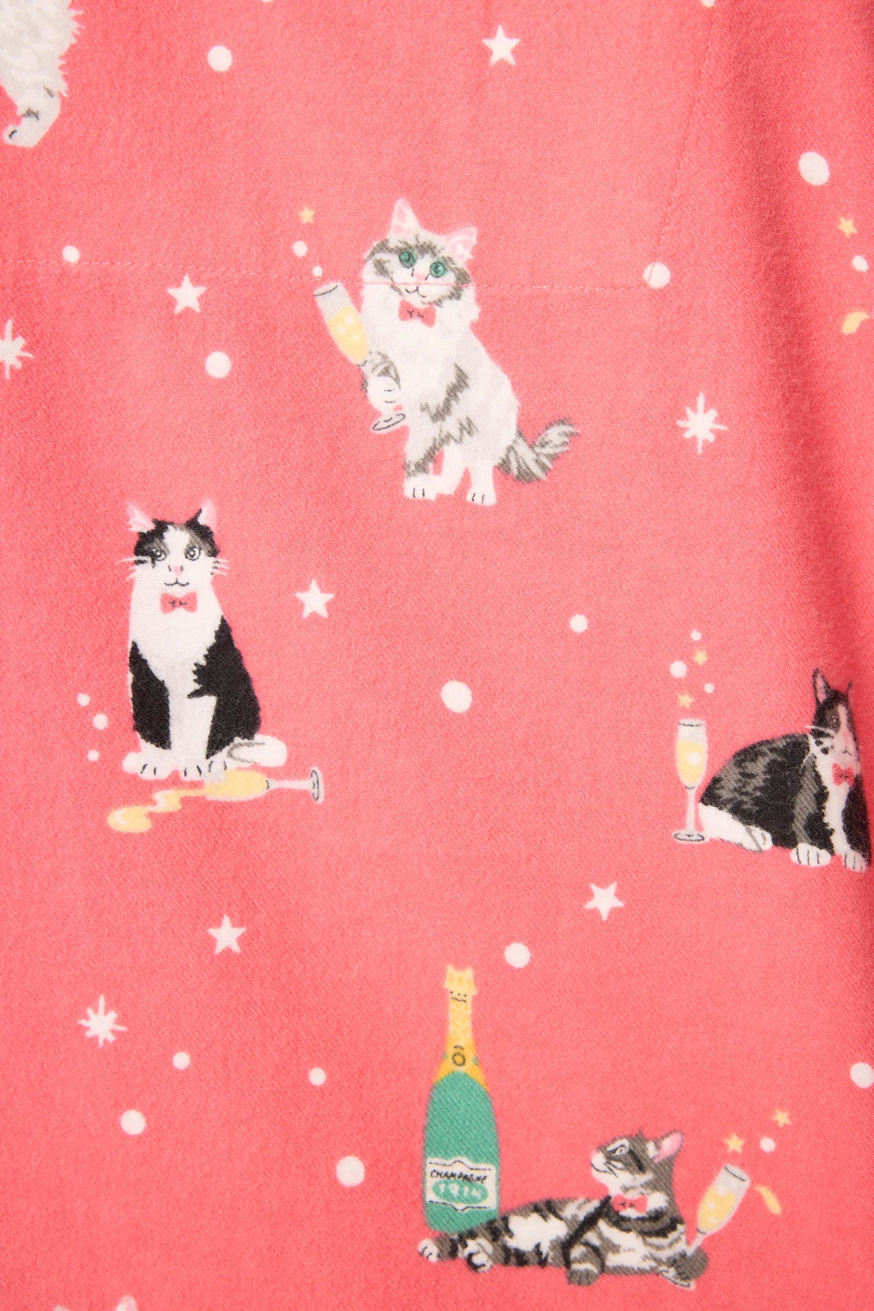 Pattern of cartoon cats on a pink background with stars and bottles.