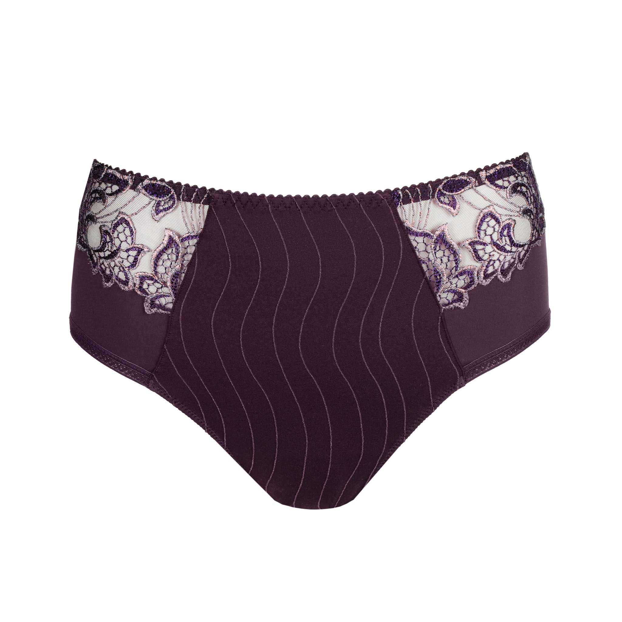 Purple women's underwear with floral lace trim on a white background