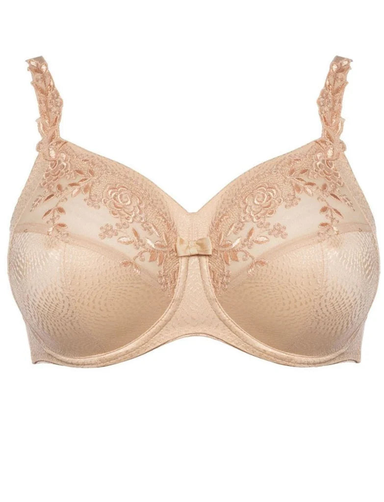 Beige bra with lace detailing on a white background