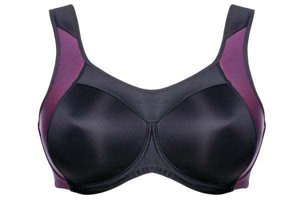 Black bra with purple accents on a white background