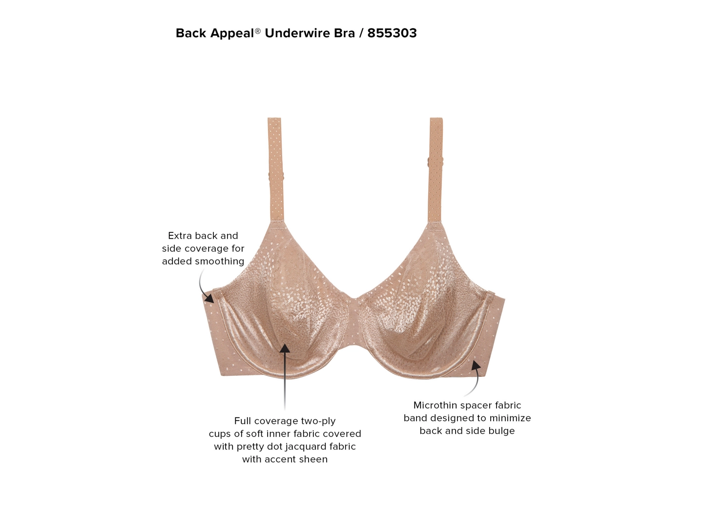 Beige bra with text detailing features on a white background