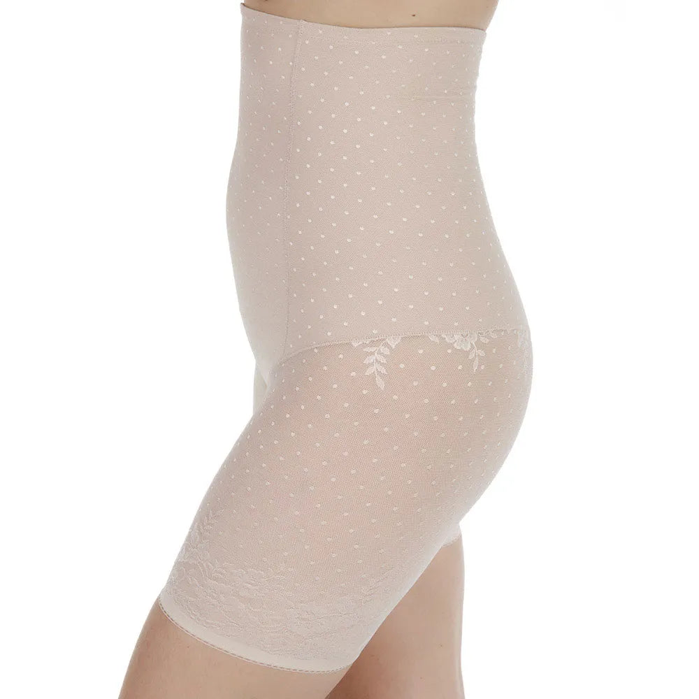 Silueta Secrets High Waist Shapewear Short in Dune shown on a model against a white background, side view.