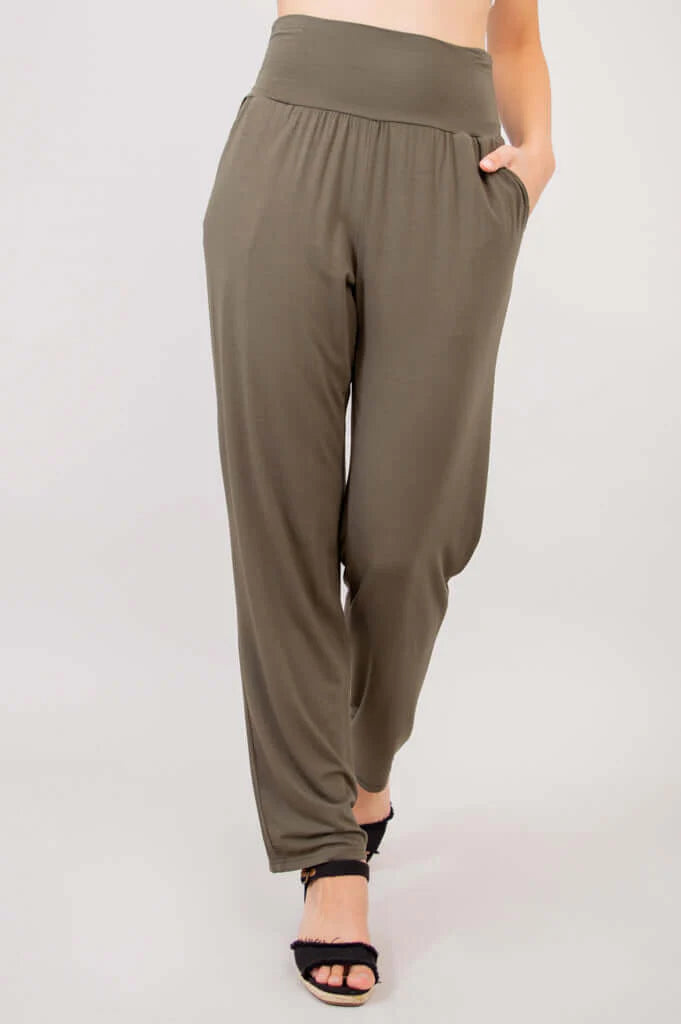Blue Sky Clair bamboo pants in khaki shown on a model against a white background, from the front view.