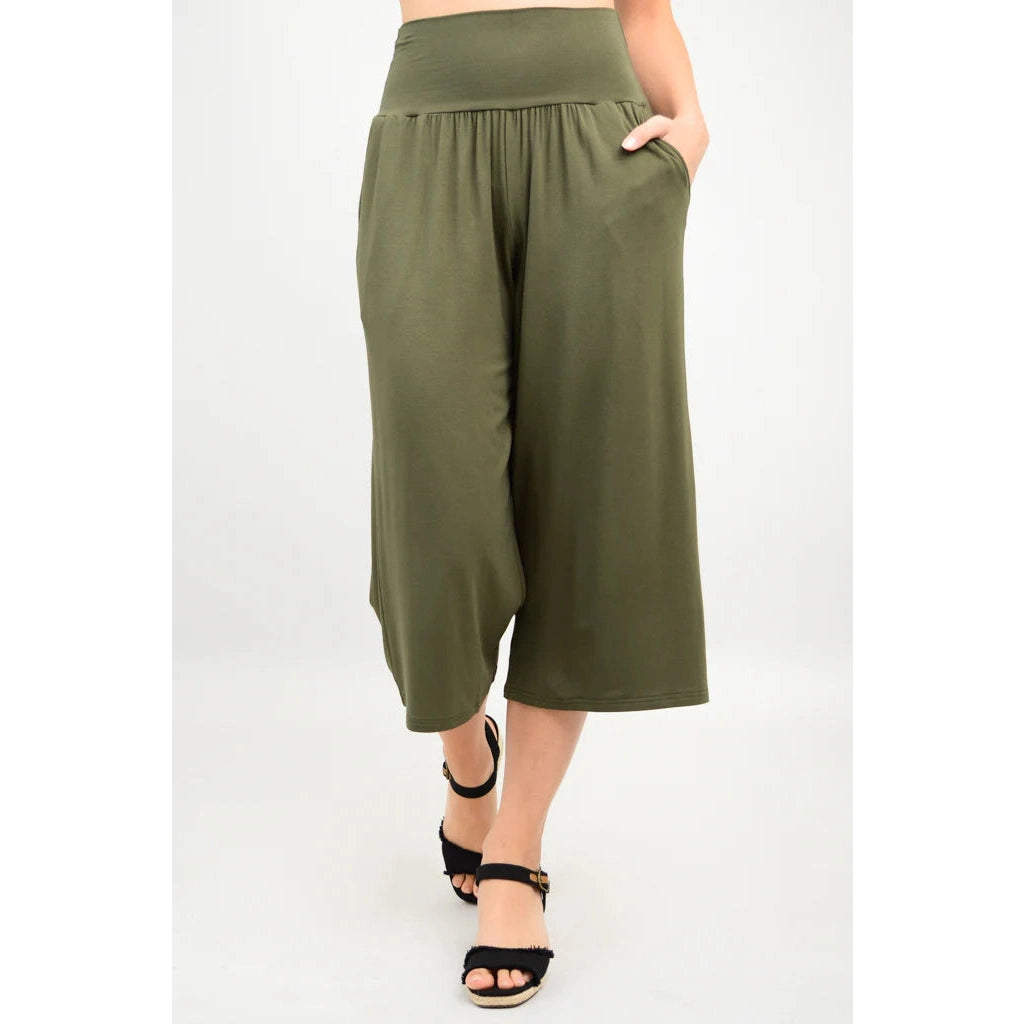 Blue Sky Gaylene Capri in Khaki shown on a model against a white background, from the front view.