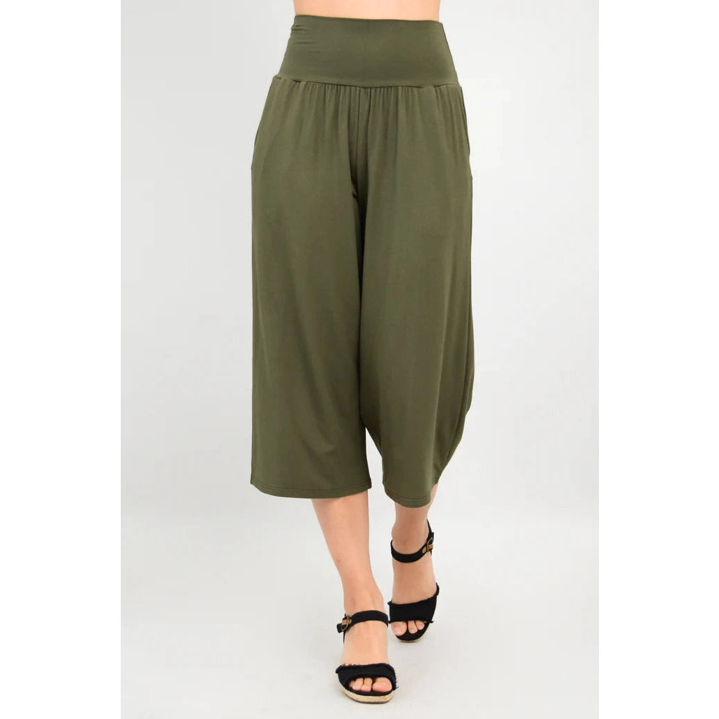 Blue Sky Gaylene Capri in Khaki shown on a model against a white background, from the front view.