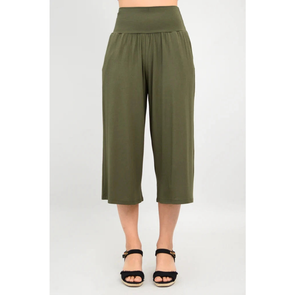 Blue Sky Gaylene Capri in Khaki shown on a model against a white background, from the front view.