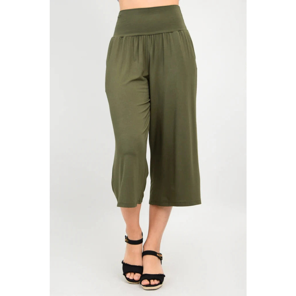 Blue Sky Gaylene Capri in Khaki shown on a model against a white background, from the front view.