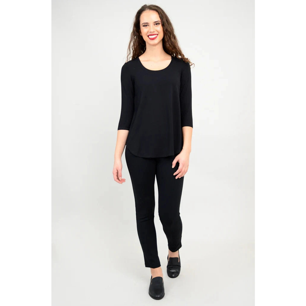 Blue Sky Jazz 3/4 Sleeve Top in Black shown on a model wearing black leggings standing against a white background, from the front view.