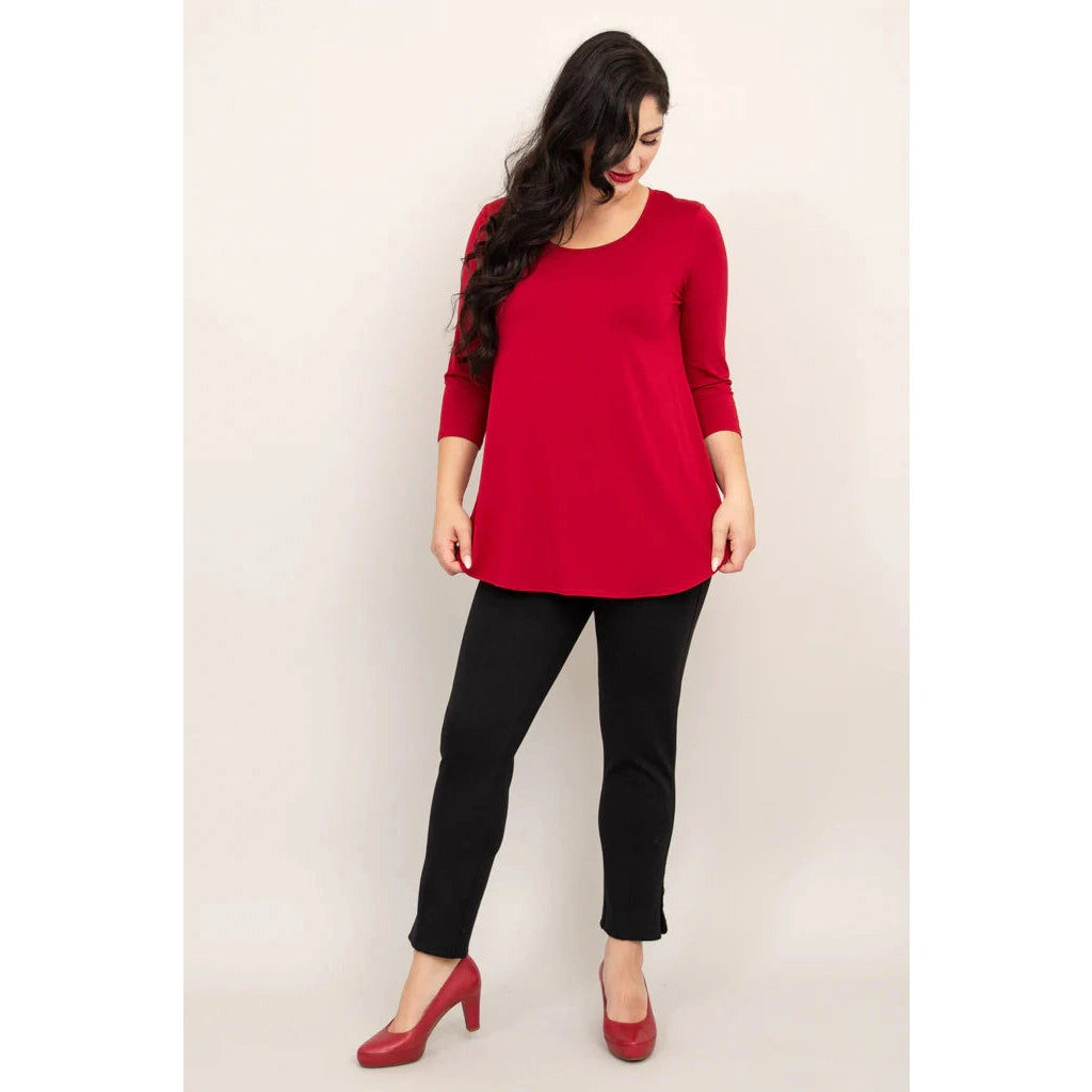 Blue Sky Jazz 3/4 Sleeve Top in Lipstick Red shown on a model wearing black leggings against a white background, from the front view.