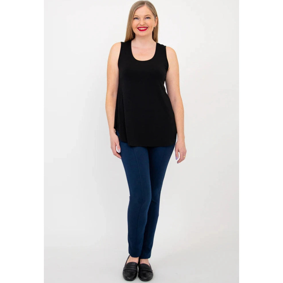 Blue Sky Jazz Tank in Black shown on a model wearing blue leggings standing against a white background, from the front view.