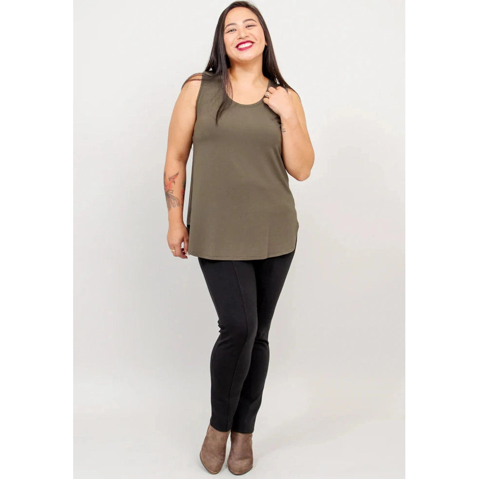 Blue Sky Jazz Tank in Khaki Green shown on a model wearing black leggings against a white background, from the front view.