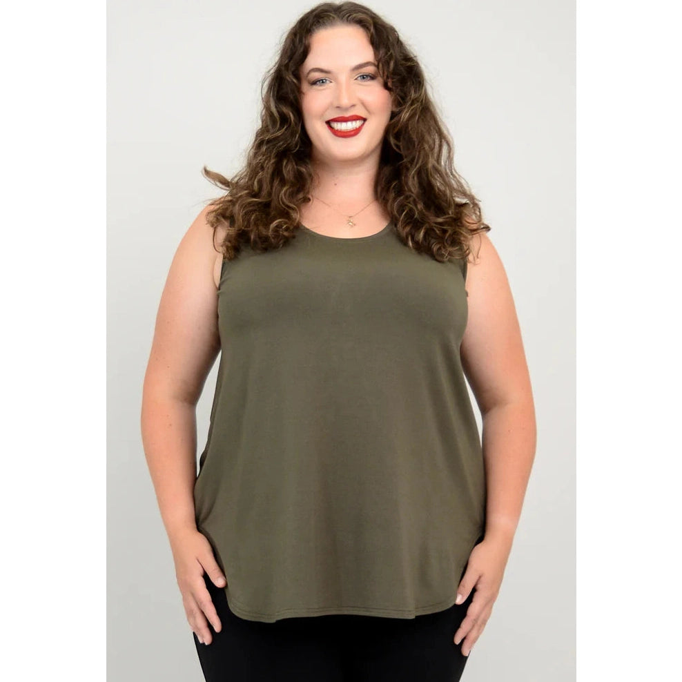 Blue Sky Jazz Tank in Khaki Green shown on a model wearing black leggings against a white background, from the front view.