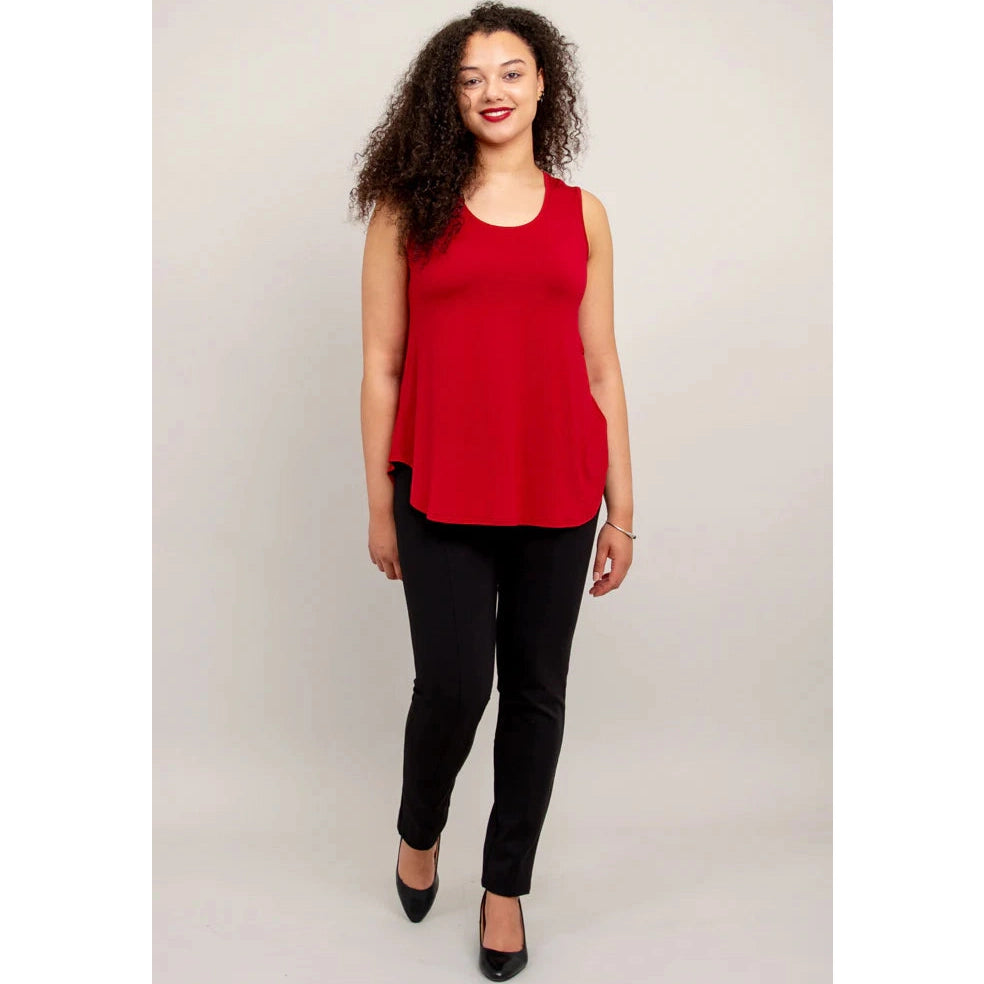 Blue Sky Jazz Tank in Lipstick Red shown on a model wearing black leggings against a white background, from the front view.