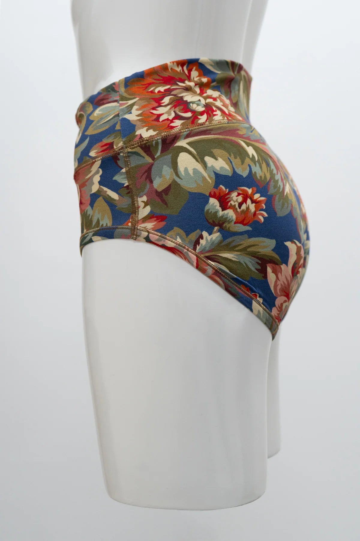 Blue Sky La Gaunche Full Brief in Khaki Vintage floral pattern shown on a mannequin against a white background, from the side view.
