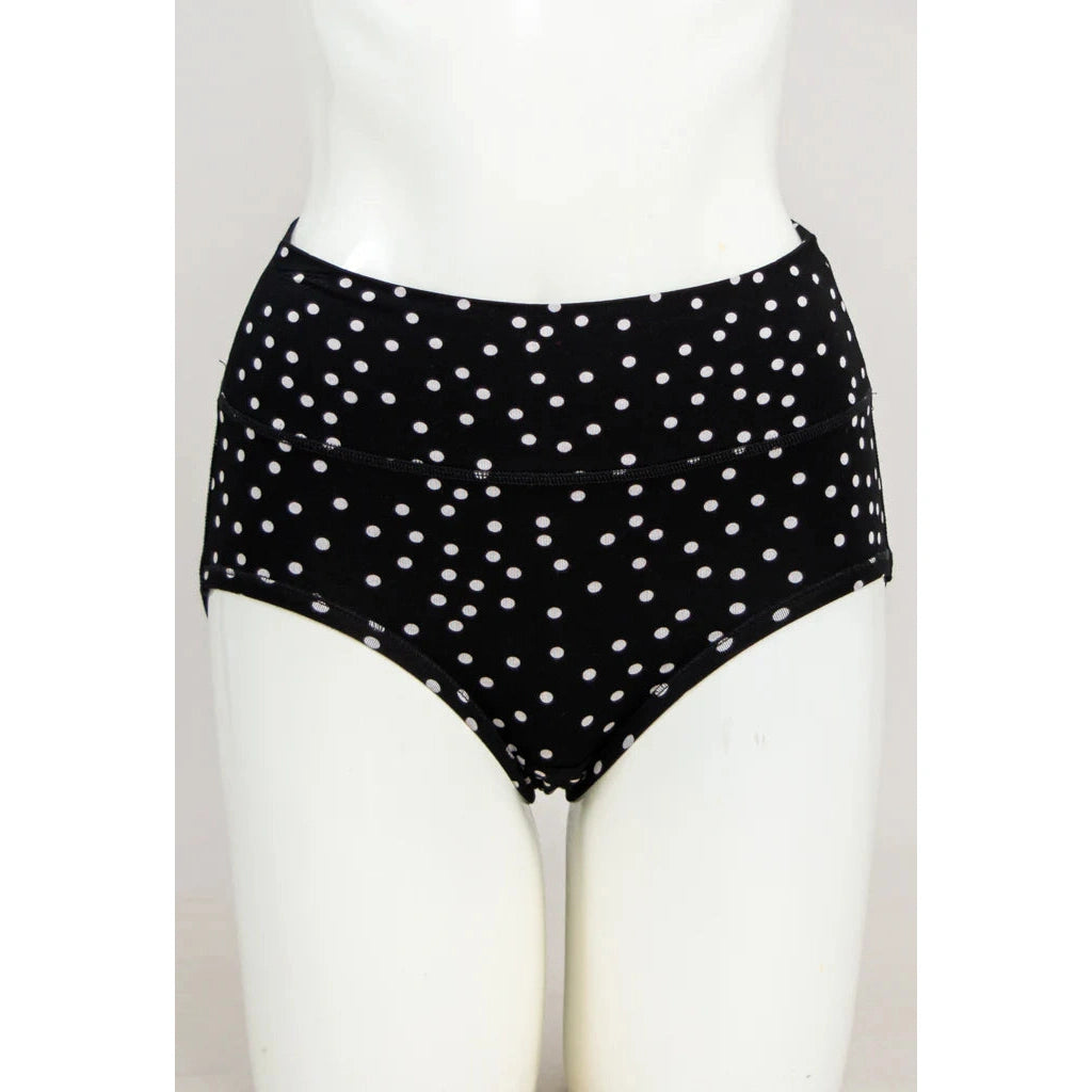 Blue Sky La Gaunche Full Brief in Polka, black panty with white dots pattern, shown on a mannequin against a white background, from the front view.