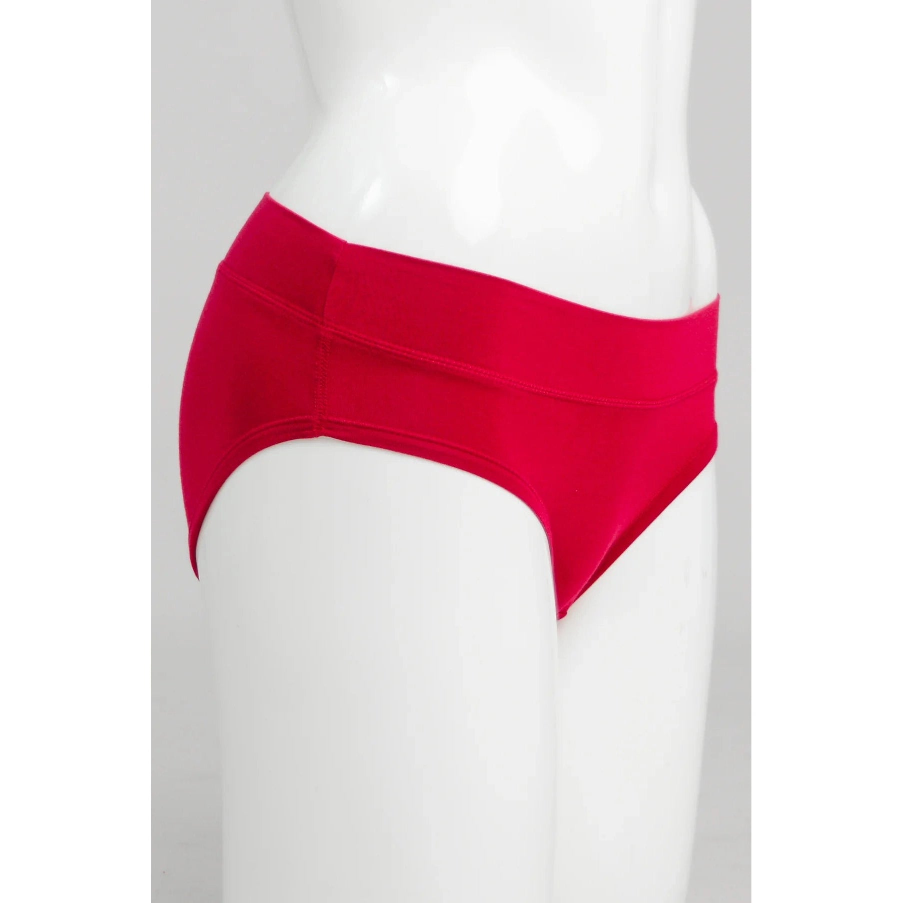 Blue Sky The Hipster panty in Lipstick Red shown on a mannequin against a white background, from the side view.