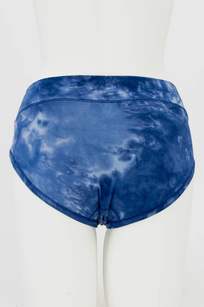 Blue Sky The Hipster panty in Tie Dye shown on a mannequin against a white background, from the back view.