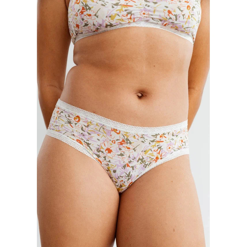 The Micro Hipster in Botanic panty shown on a model wearing a matching bralette.