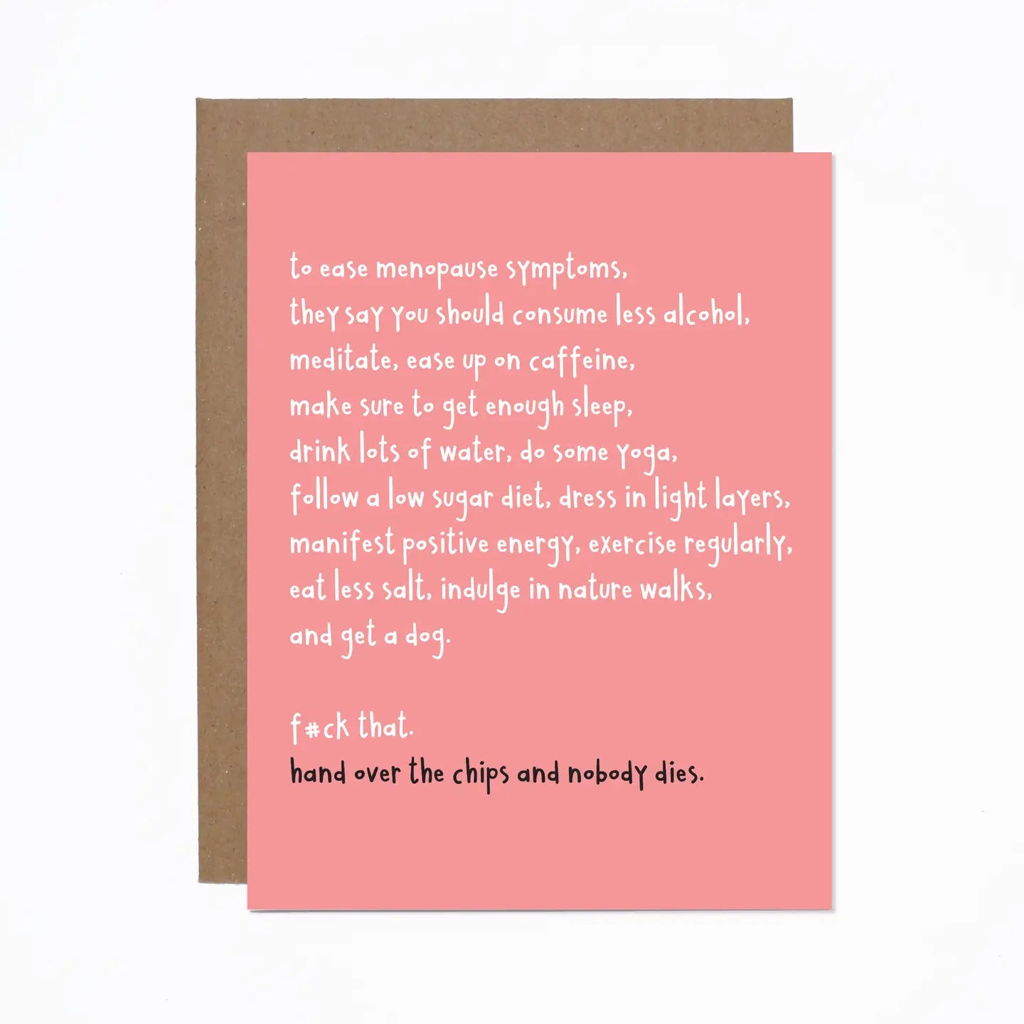 A greeting card with a pink background featuring text that provides advice on managing menopause symptoms. The card is accompanied by a brown envelope.