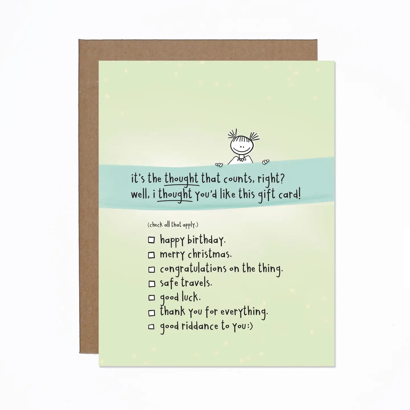 Gift card holder with cartoon character and text on a light green background