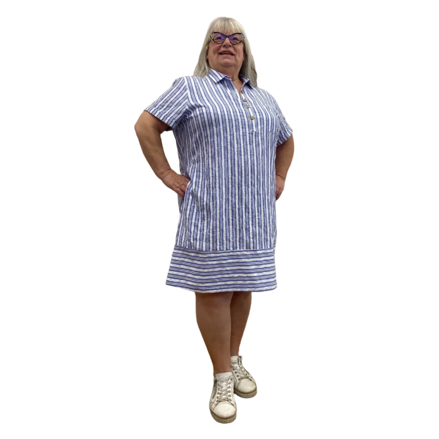 Woman wearing the Escape Marina Shirt Dress with blue and white stripes against a white background.