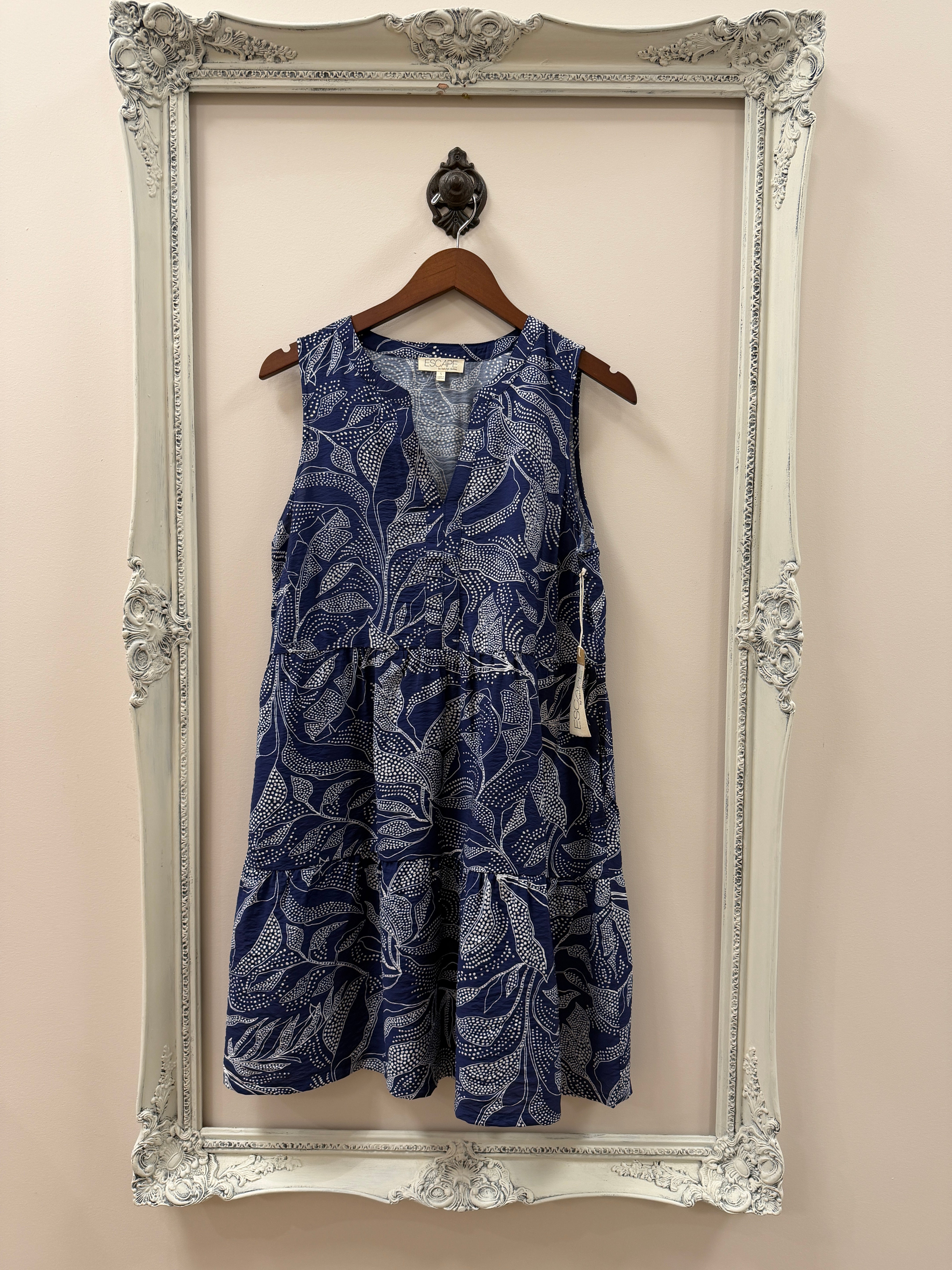 Blue floral dress on a hanger inside an ornate silver frame against a beige wall.