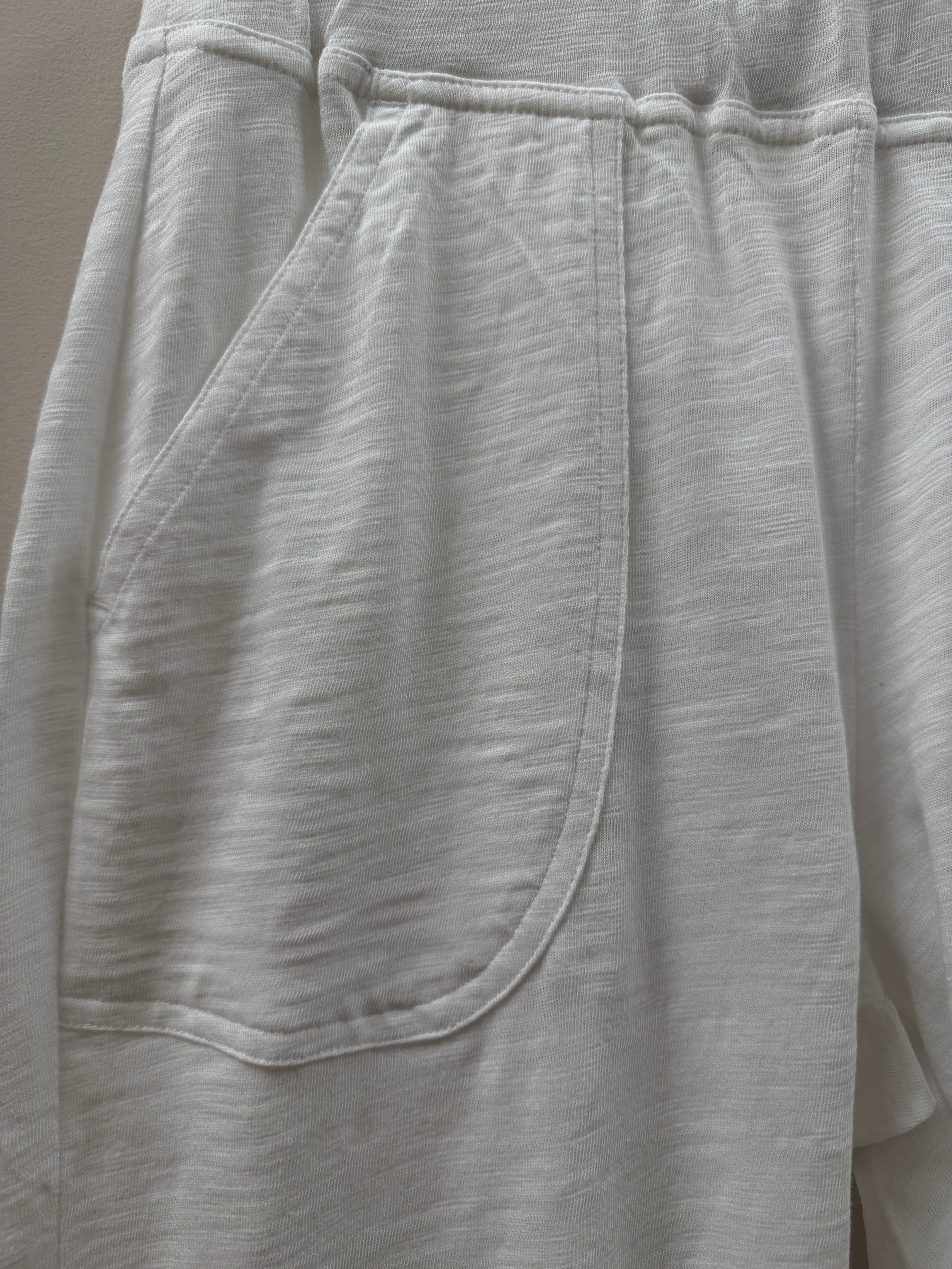 Close-up of white pants with a pocket detail on a light gray background