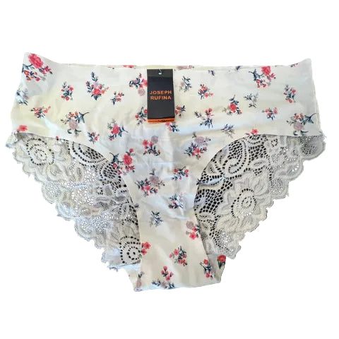 Rufina Microfiber Bikini panty with lace in Ivory with floral pattern against a white background.