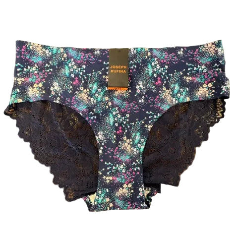 Rufina Microfiber Bikini panty with lace in Navy Floral against a white background.