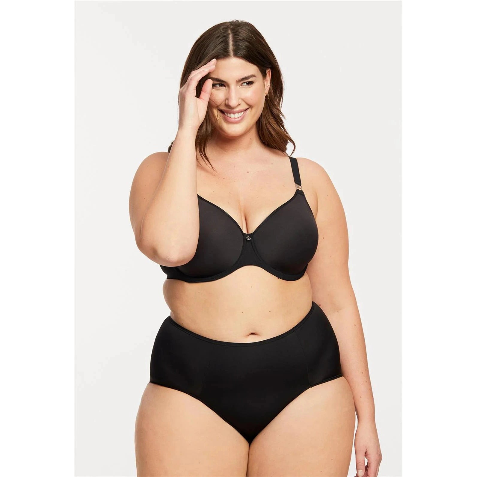 Montelle Sublime Spacer Bra in black shown on a model against a white background, with the matching panty.