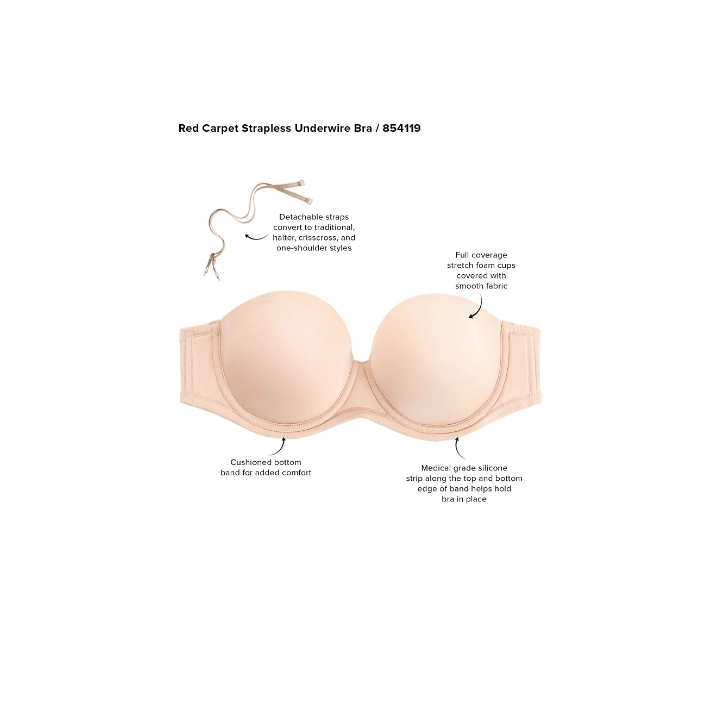 Wacoal Red Carpet Strapless Bra shown on white background with text pointing out key features of the bra's design.