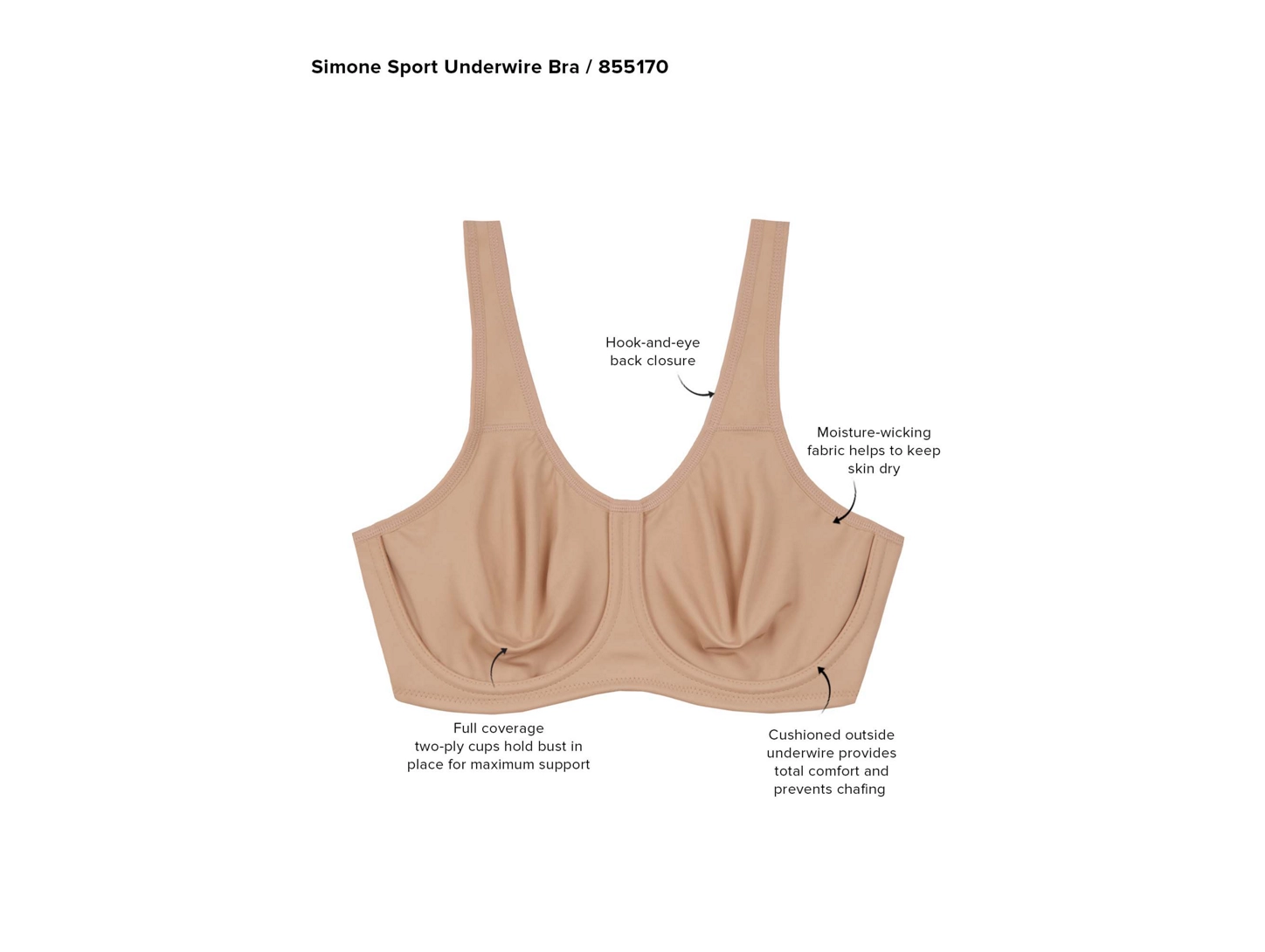 Beige sports bra with text highlighting features on a white background
