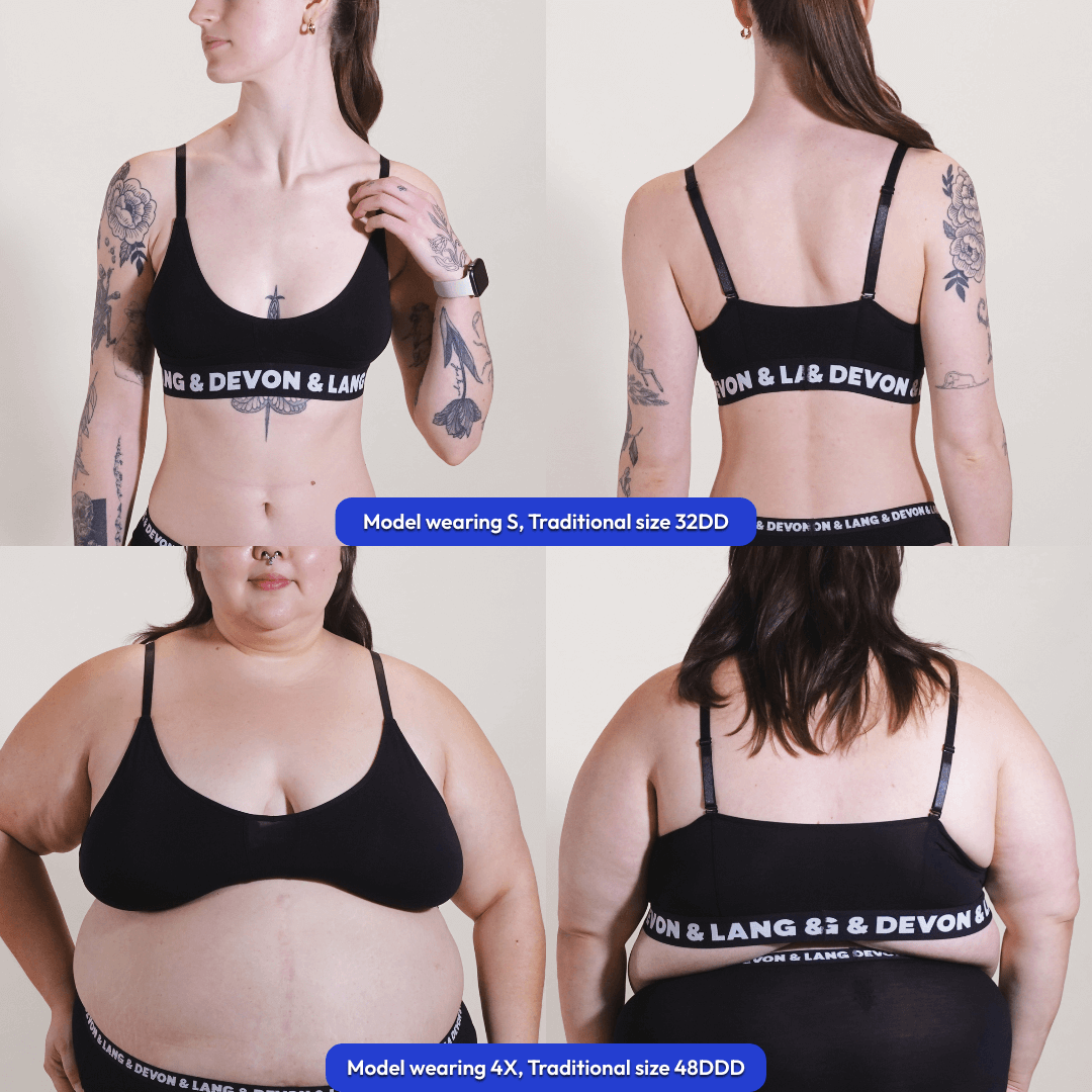 Devon & Lang Bralette shown on two different models, front and back images, of a model wearing a Small and a Model wearing a 4X. 