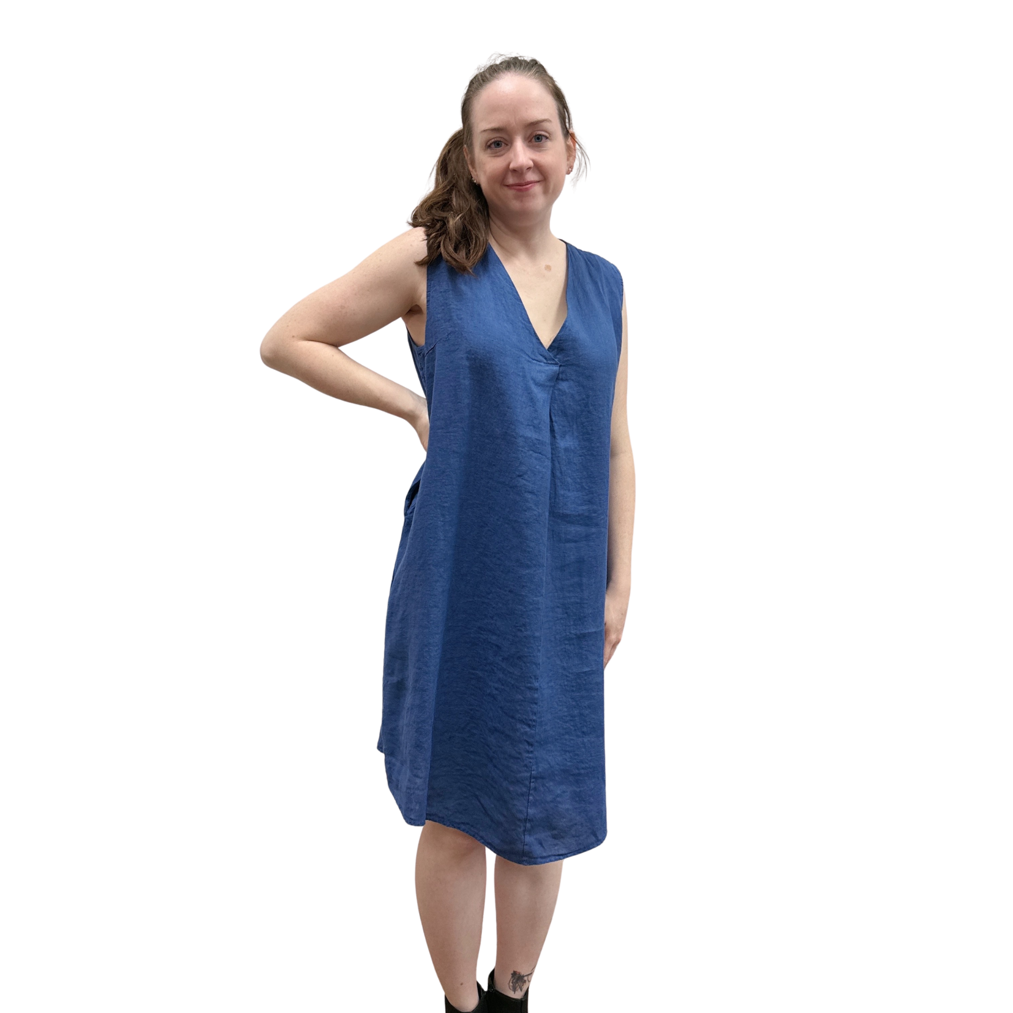 Woman wearing a blue dress on a white background